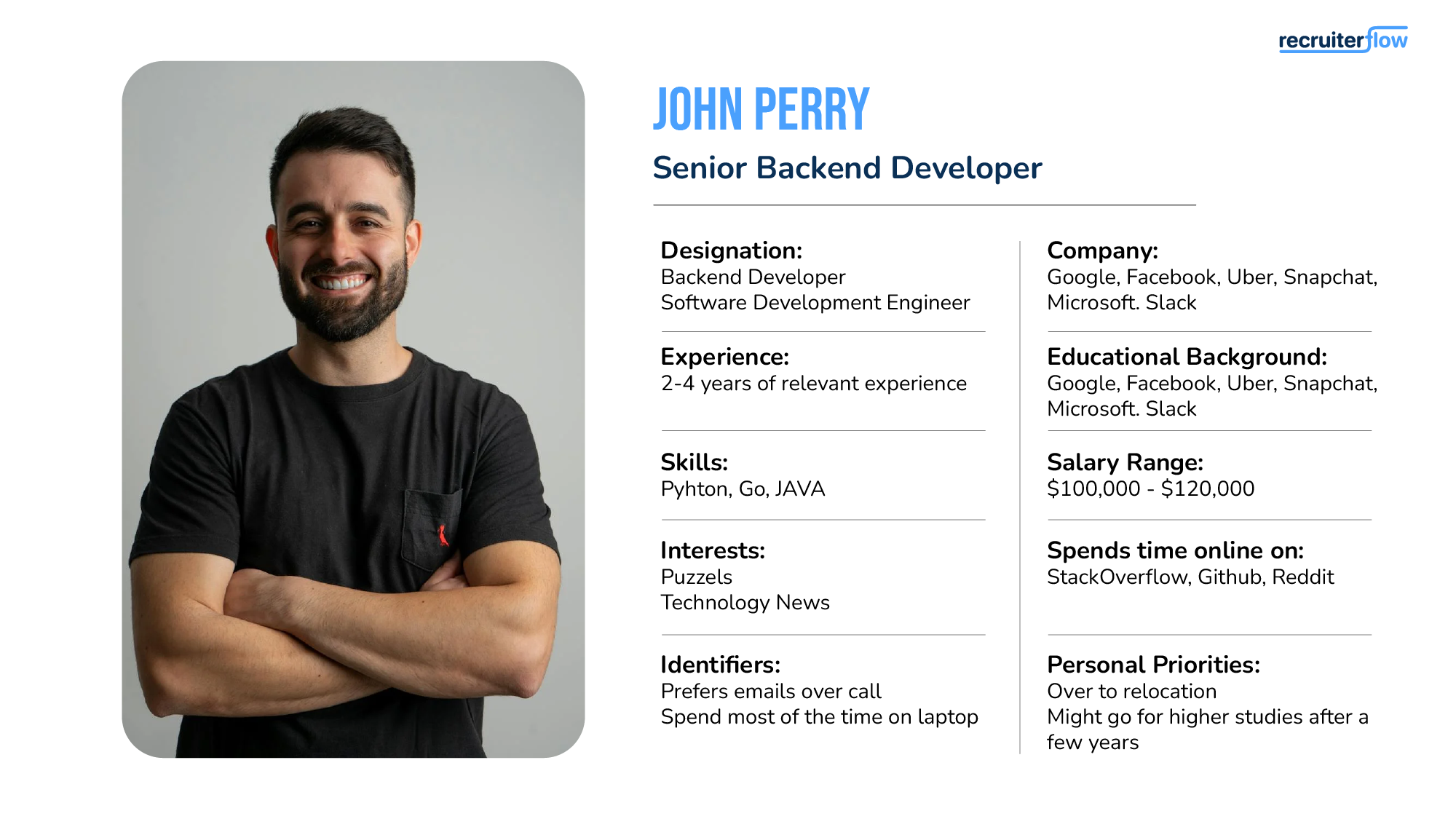 Senior backend developer candidate persona examples
