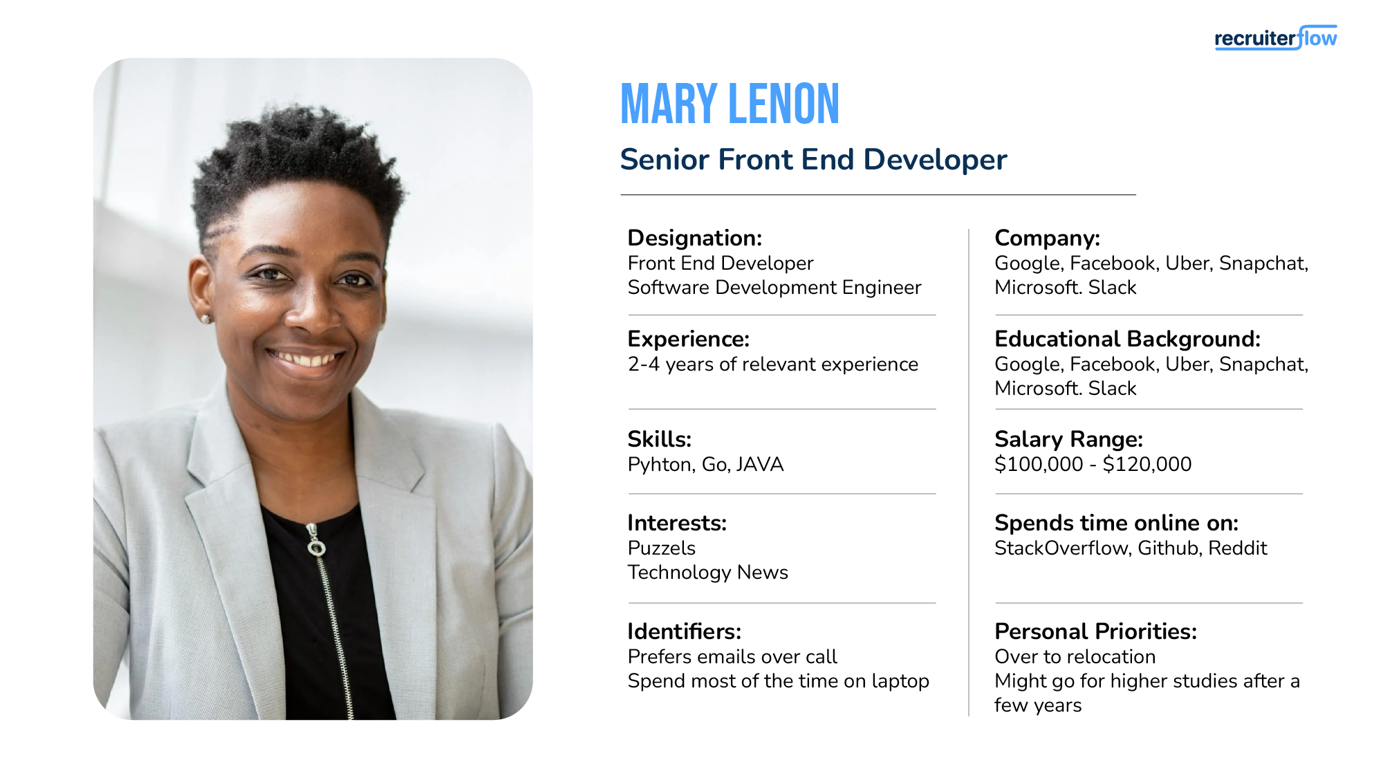 Senior front end developer candidate persona examples