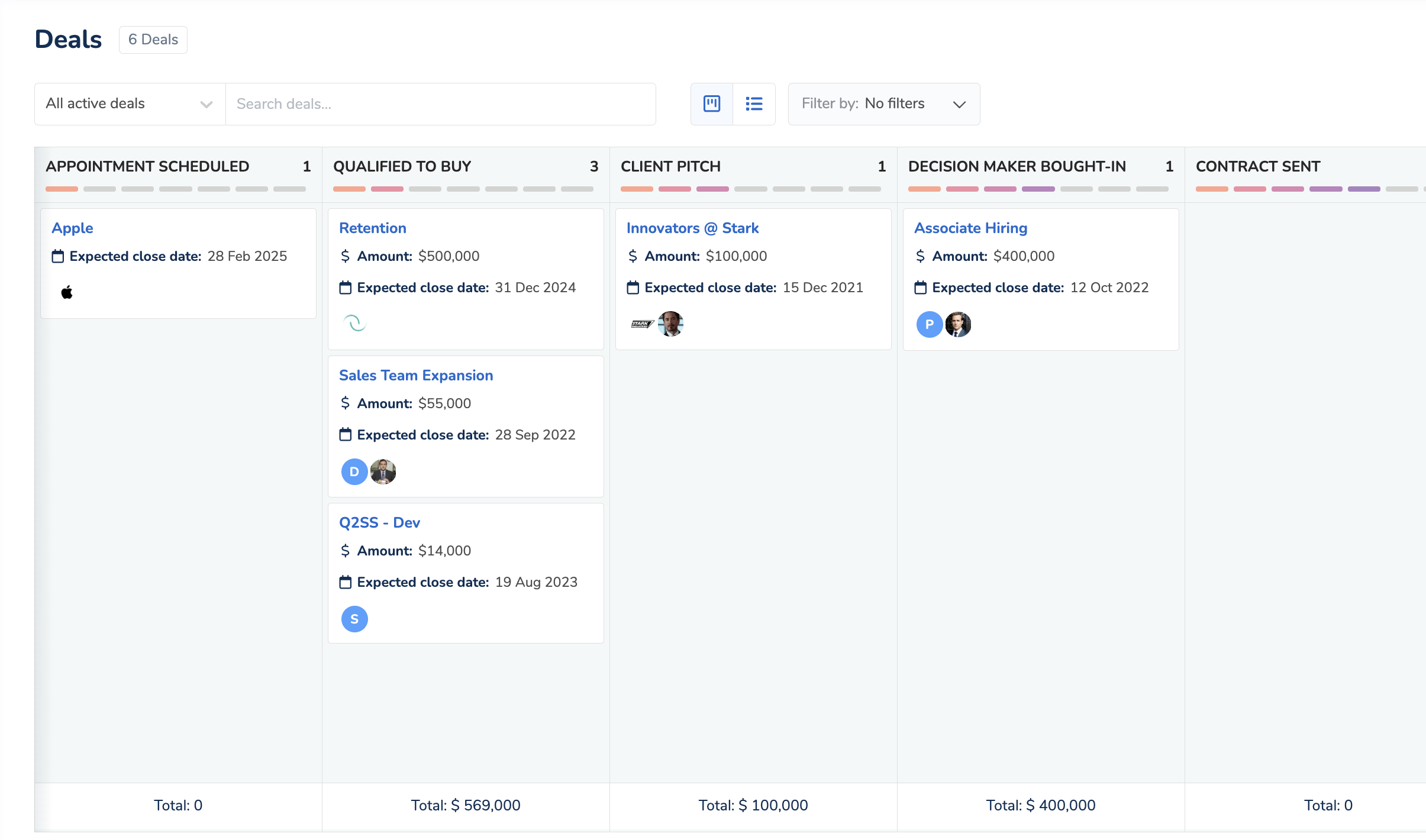 kanban view of sales deals