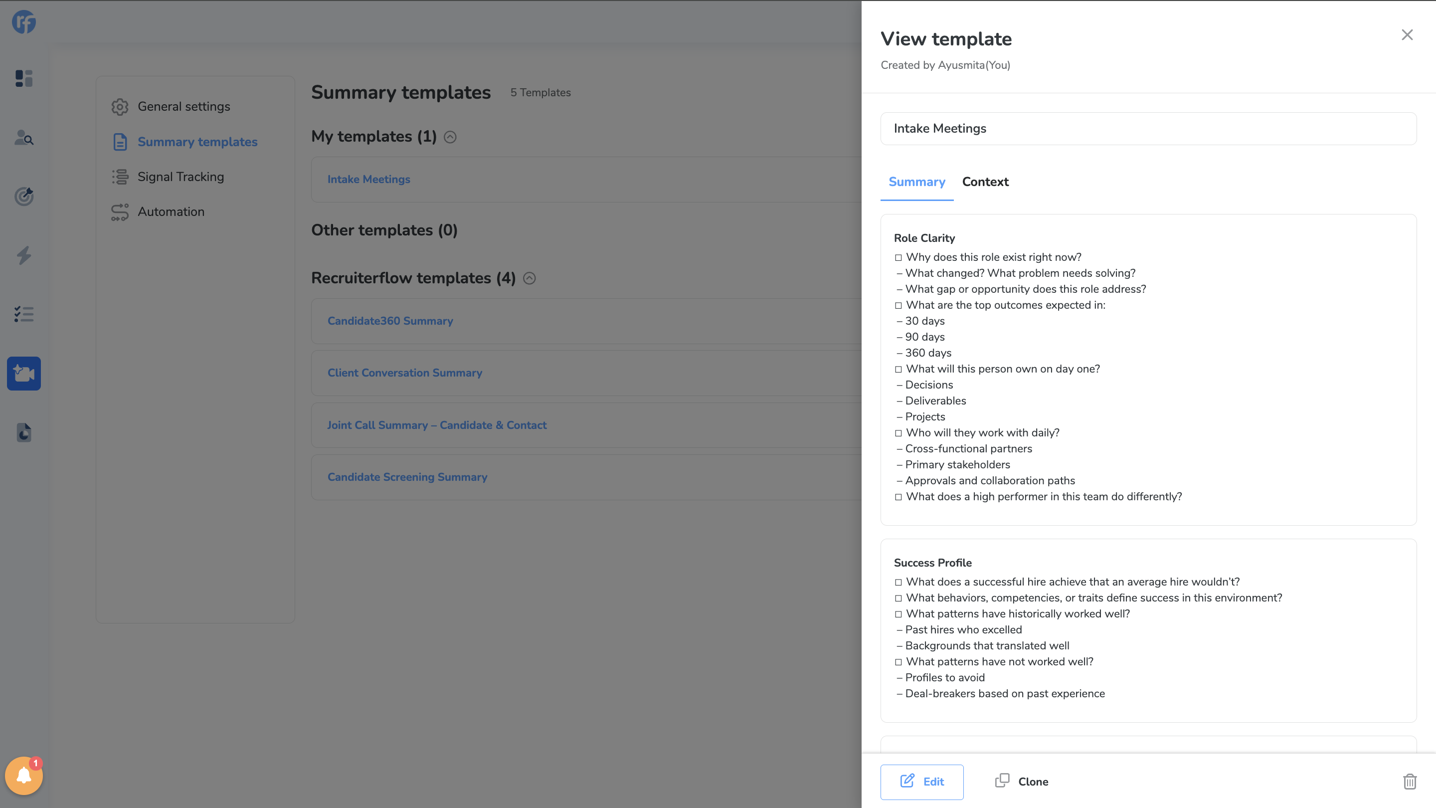 Recruiterflow's Intake Meeting Template 